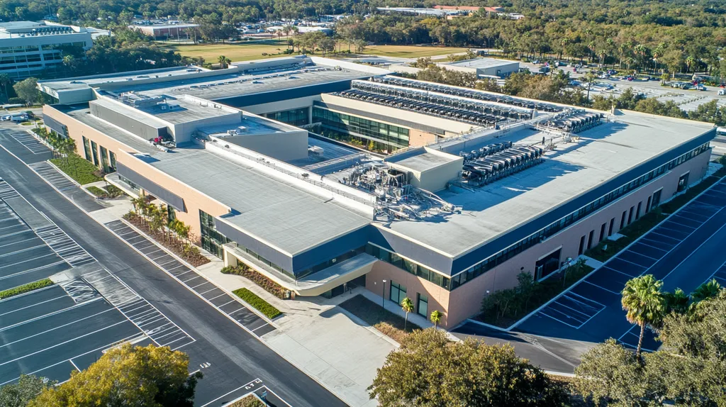 A commercial roof on a hospital in a location similar to Tampa with a color highlight aesthetic (AI image)