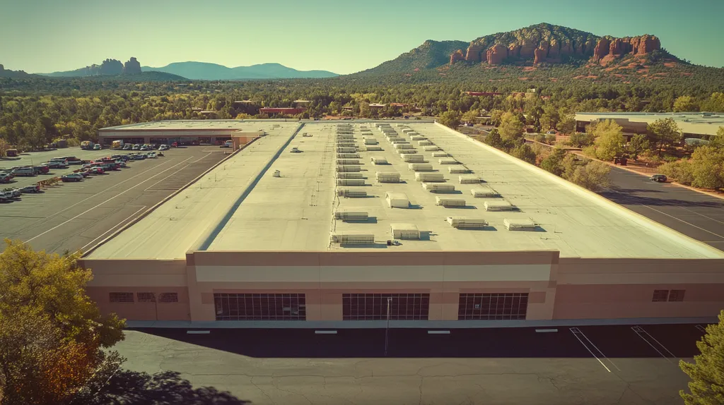 A commercial roof on a manufacturing plant in a location similar to Sedona with a Polaroid aesthetic (AI image)
