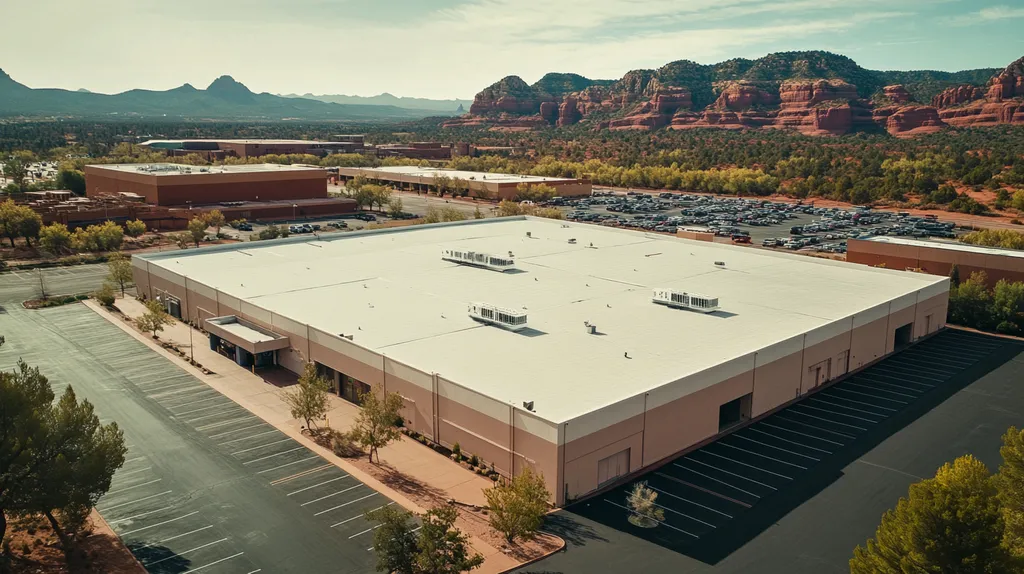 A commercial roof on a manufacturing plant in a location similar to Sedona with a Polaroid aesthetic (AI image)