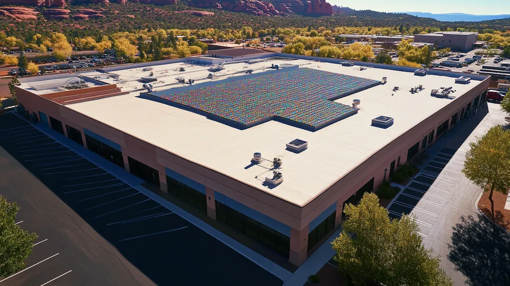 A commercial roof on a manufacturing plant in a location similar to Sedona with a mosaic tile art aesthetic (AI image)