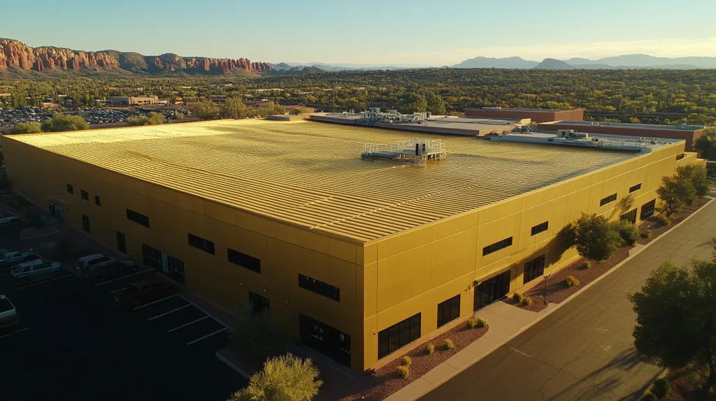 A commercial roof on a manufacturing plant in a location similar to Sedona with a solid gold aesthetic (AI image)