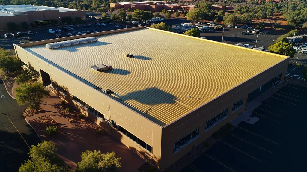 A commercial roof on a manufacturing plant in a location similar to Sedona with a solid gold aesthetic (AI image)