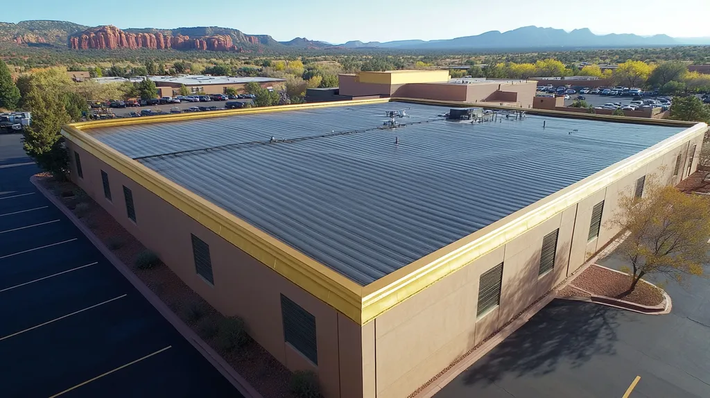 A commercial roof on a manufacturing plant in a location similar to Sedona with a solid gold aesthetic (AI image)