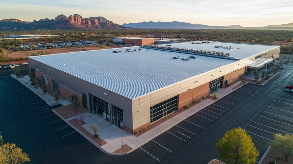 A commercial roof on a manufacturing plant in a location similar to Sedona with a stainless steel aesthetic (AI image)