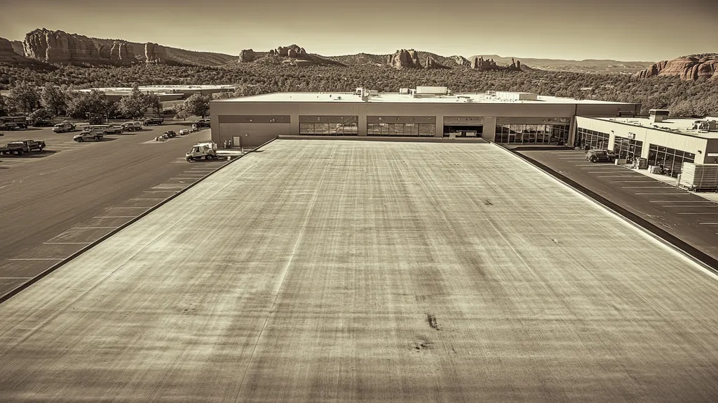 A commercial roof on a manufacturing plant in a location similar to Sedona with a tintype aesthetic (AI image)