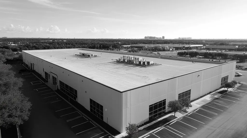 A commercial roof on a manufacturing plant in a location similar to Tampa with a black and white photography aesthetic (AI image)
