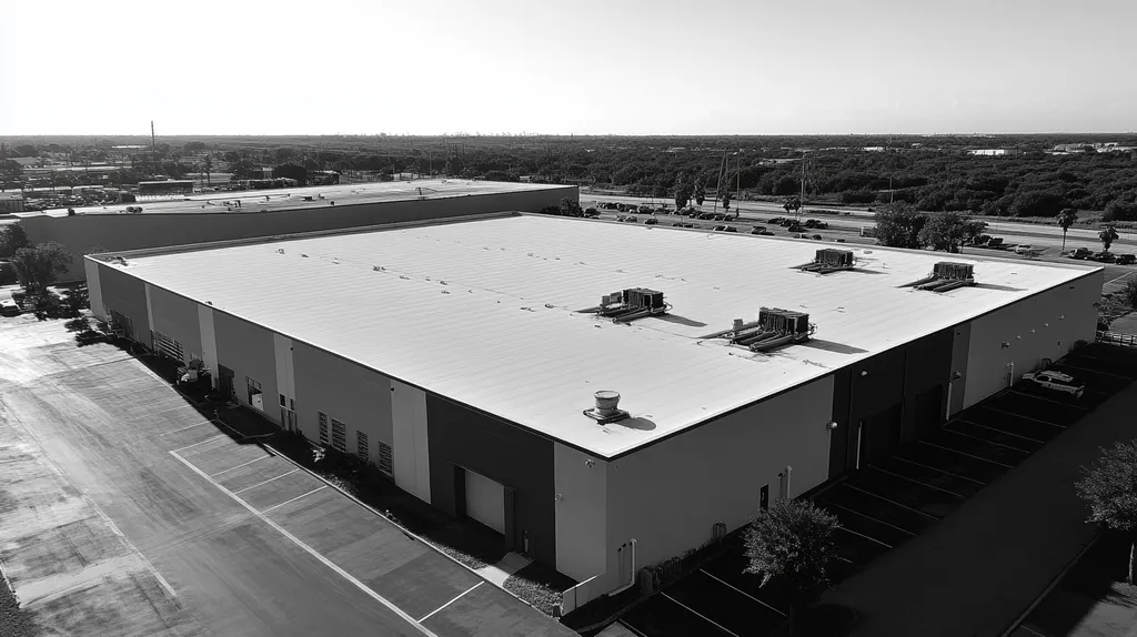 A commercial roof on a manufacturing plant in a location similar to Tampa with a black and white photography aesthetic (AI image)