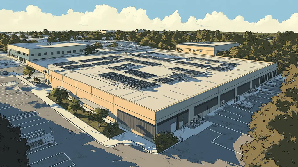 A commercial roof on a manufacturing plant in a location similar to Tampa with a comic book style aesthetic (AI image)