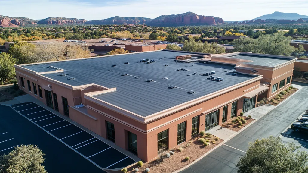 A commercial roof on a mid-rise in a location similar to Sedona with a color highlight aesthetic (AI image)
