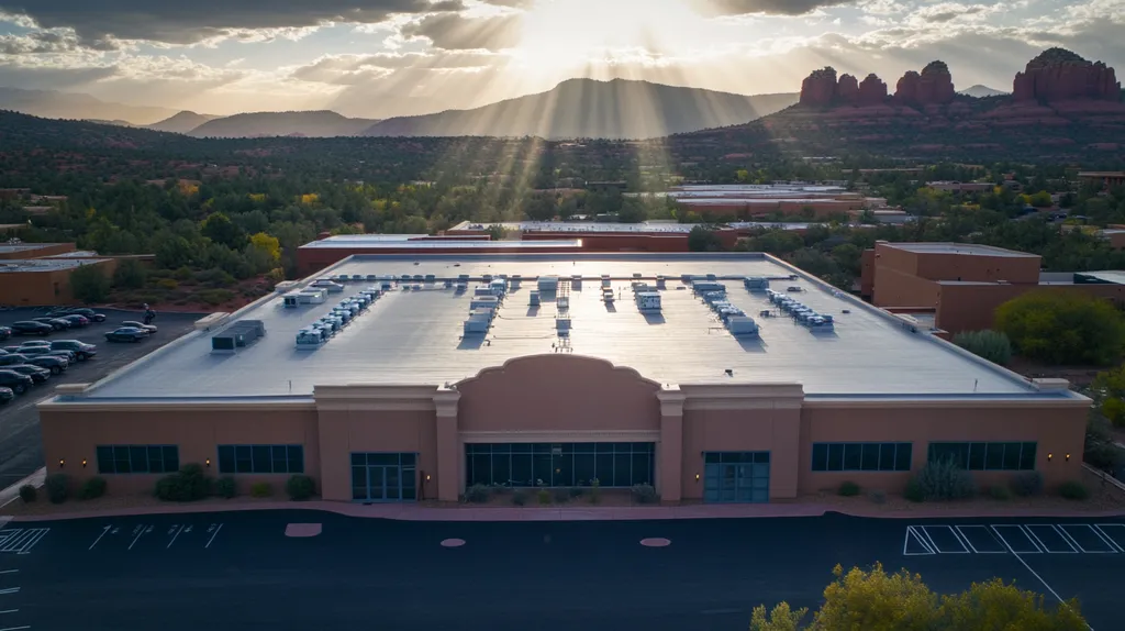 A commercial roof on a mid-rise in a location similar to Sedona with a light beams aesthetic (AI image)