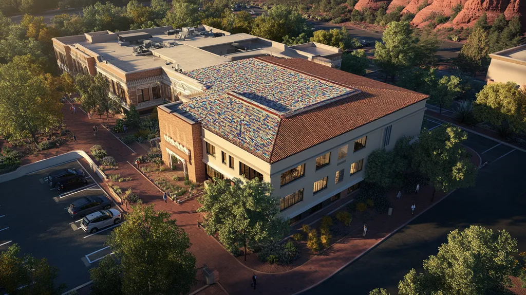 A commercial roof on a mid-rise in a location similar to Sedona with a mosaic tile art aesthetic (AI image)