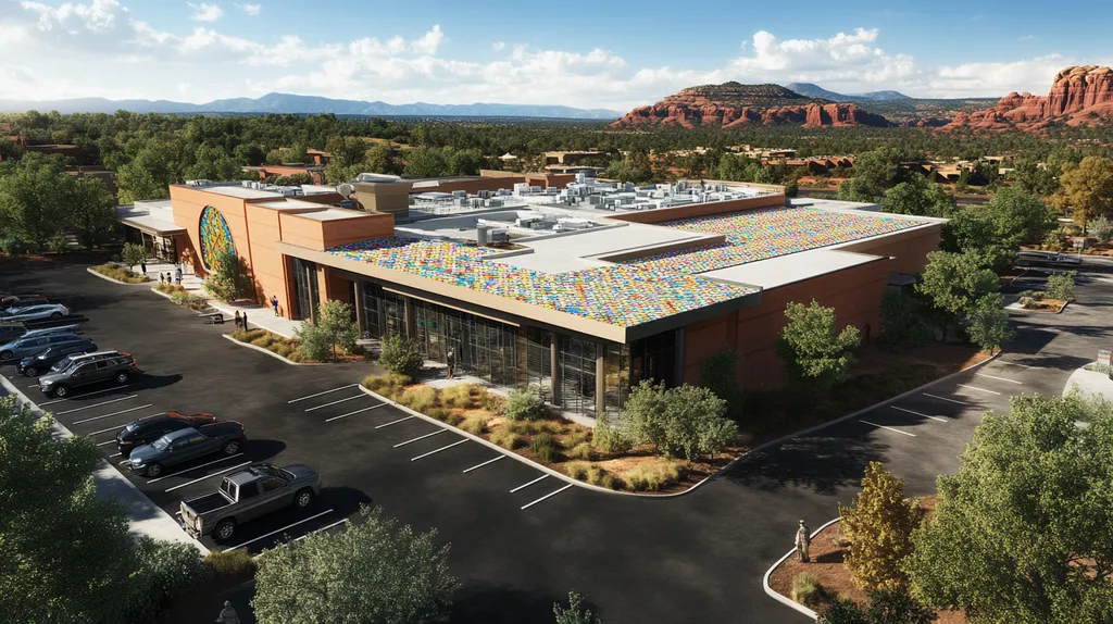 A commercial roof on a mid-rise in a location similar to Sedona with a mosaic tile art aesthetic (AI image)