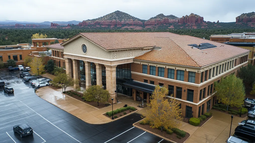 A commercial roof on a mid-rise in a location similar to Sedona with a rainy day aesthetic (AI image)
