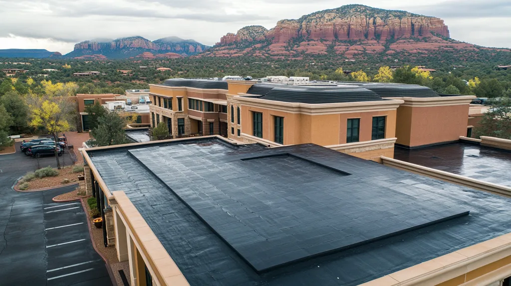 A commercial roof on a mid-rise in a location similar to Sedona with a rainy day aesthetic (AI image)