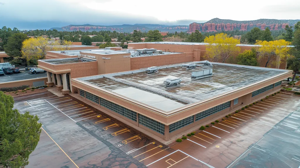 A commercial roof on a mid-rise in a location similar to Sedona with a rainy day aesthetic (AI image)