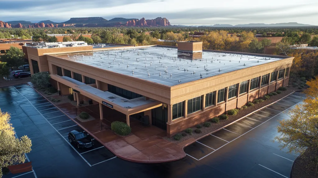 A commercial roof on a mid-rise in a location similar to Sedona with a rainy day aesthetic (AI image)