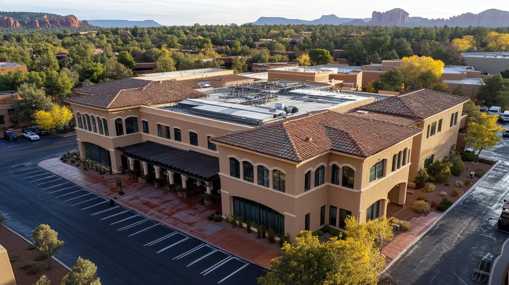 A commercial roof on a mid-rise in a location similar to Sedona with a rainy day aesthetic (AI image)