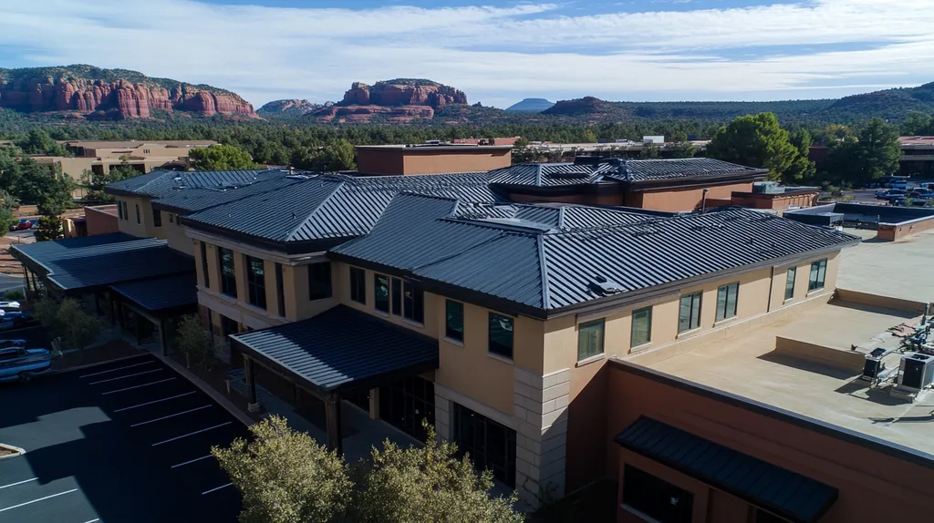 A commercial roof on a mid-rise in a location similar to Sedona with a rainy day aesthetic (AI image)