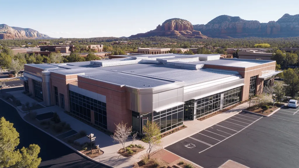 A commercial roof on a mid-rise in a location similar to Sedona with a stainless steel aesthetic (AI image)