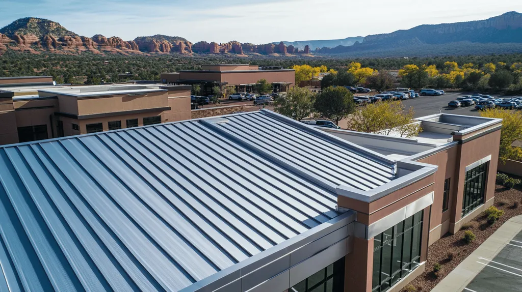 A commercial roof on a mid-rise in a location similar to Sedona with a stainless steel aesthetic (AI image)