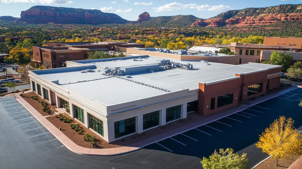 A commercial roof on a mid-rise in a location similar to Sedona with an urban context aesthetic (AI image)