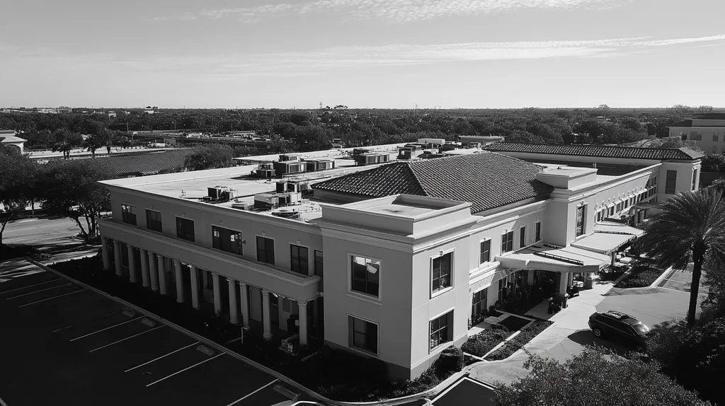 A commercial roof on a mid-rise in a location similar to Tampa with a black and white photography aesthetic (AI image)