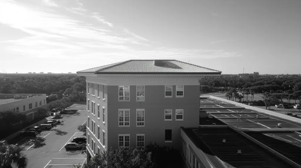 A commercial roof on a mid-rise in a location similar to Tampa with a black and white photography aesthetic (AI image)