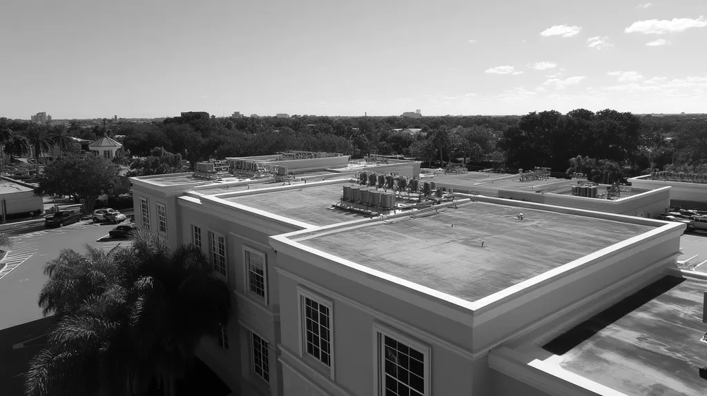 A commercial roof on a mid-rise in a location similar to Tampa with a black and white photography aesthetic (AI image)