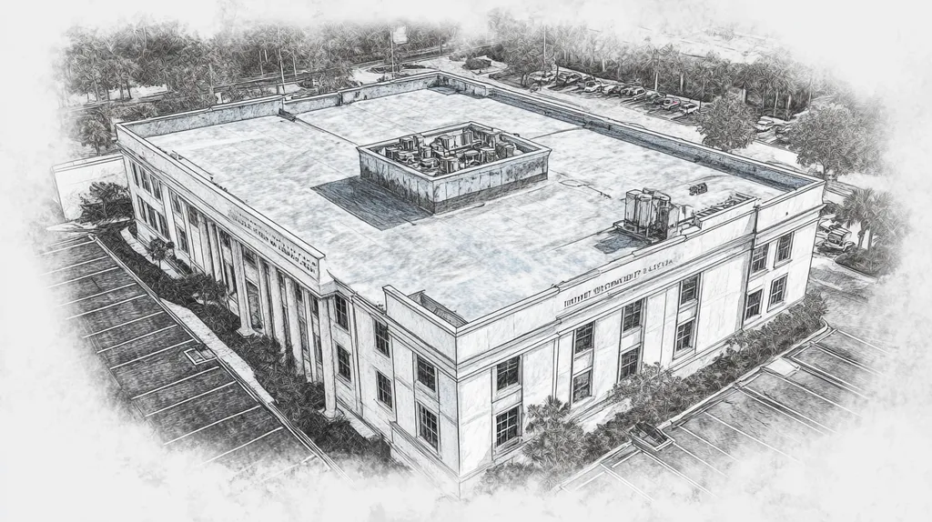 A commercial roof on a mid-rise in a location similar to Tampa with a charcoal sketch aesthetic (AI image)