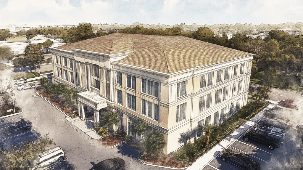 A commercial roof on a mid-rise in a location similar to Tampa with a charcoal sketch aesthetic (AI image)