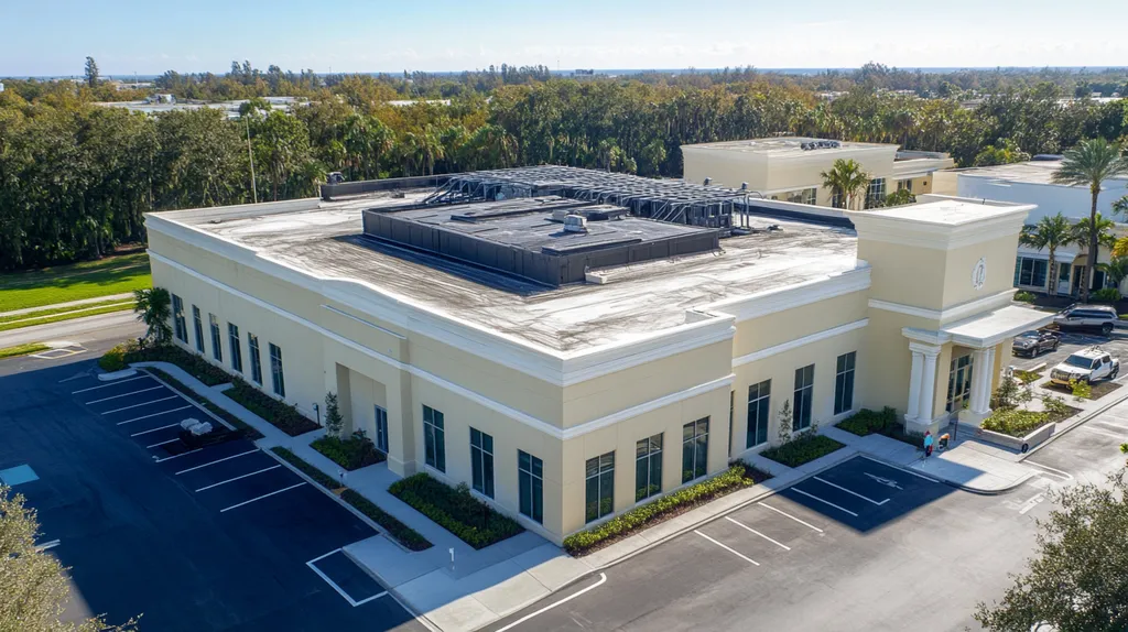 A commercial roof on a mid-rise in a location similar to Tampa with a charcoal sketch aesthetic (AI image)