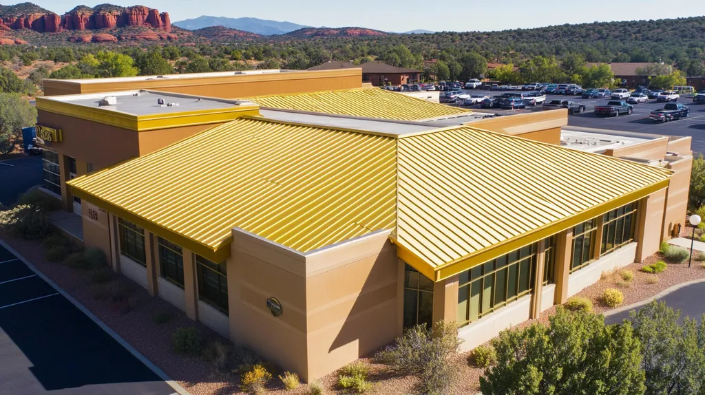 A commercial roof on a post office in a location similar to Sedona with a solid gold aesthetic (AI image)