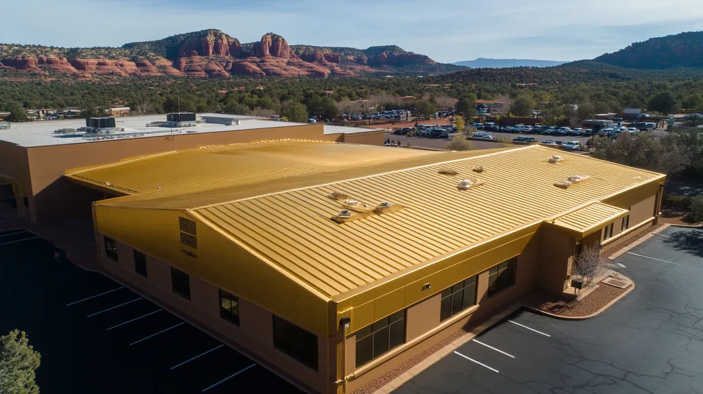 A commercial roof on a post office in a location similar to Sedona with a solid gold aesthetic (AI image)