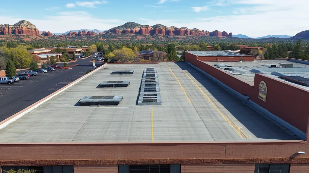 A commercial roof on a post office in a location similar to Sedona with an urban context aesthetic (AI image)