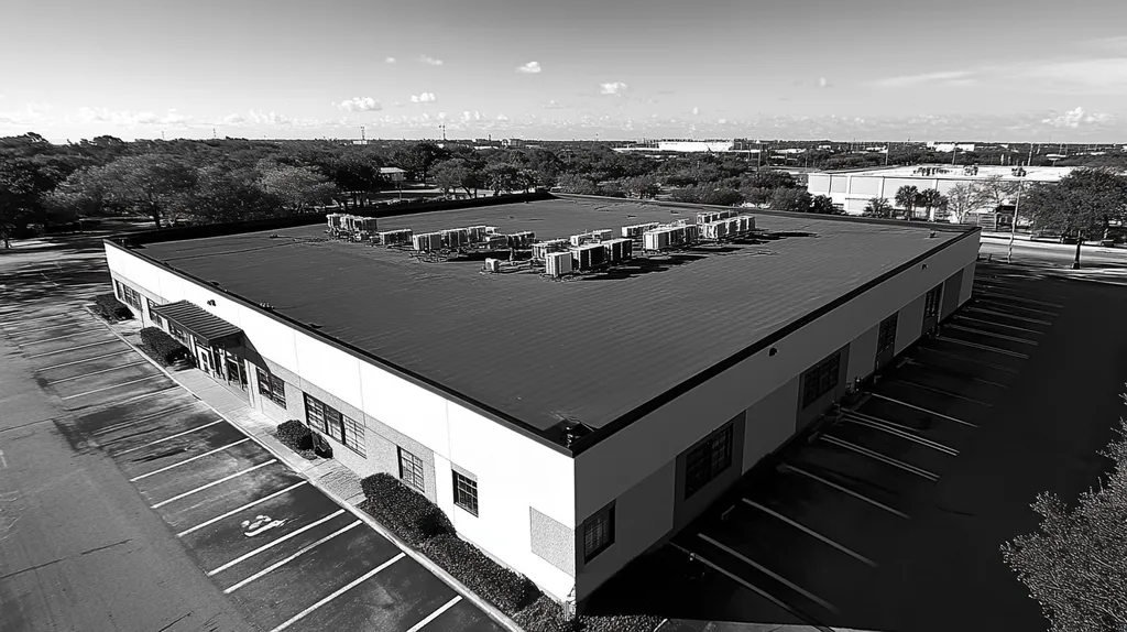 A commercial roof on a post office in a location similar to Tampa with a black and white photography aesthetic (AI image)