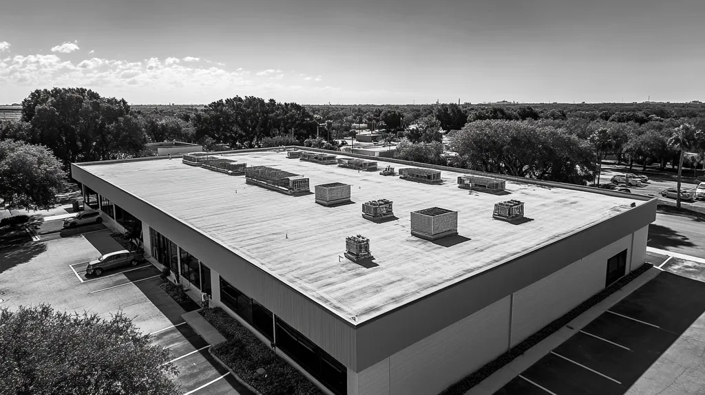 A commercial roof on a post office in a location similar to Tampa with a black and white photography aesthetic (AI image)