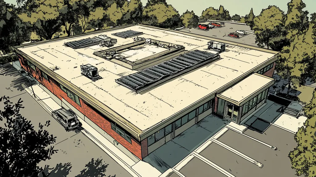 A commercial roof on a post office in a location similar to Tampa with a comic book style aesthetic (AI image)
