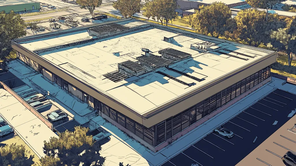 A commercial roof on a post office in a location similar to Tampa with a comic book style aesthetic (AI image)