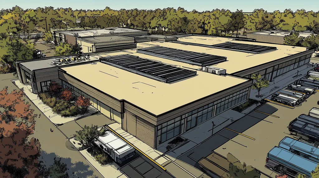 A commercial roof on a post office in a location similar to Tampa with a comic book style aesthetic (AI image)