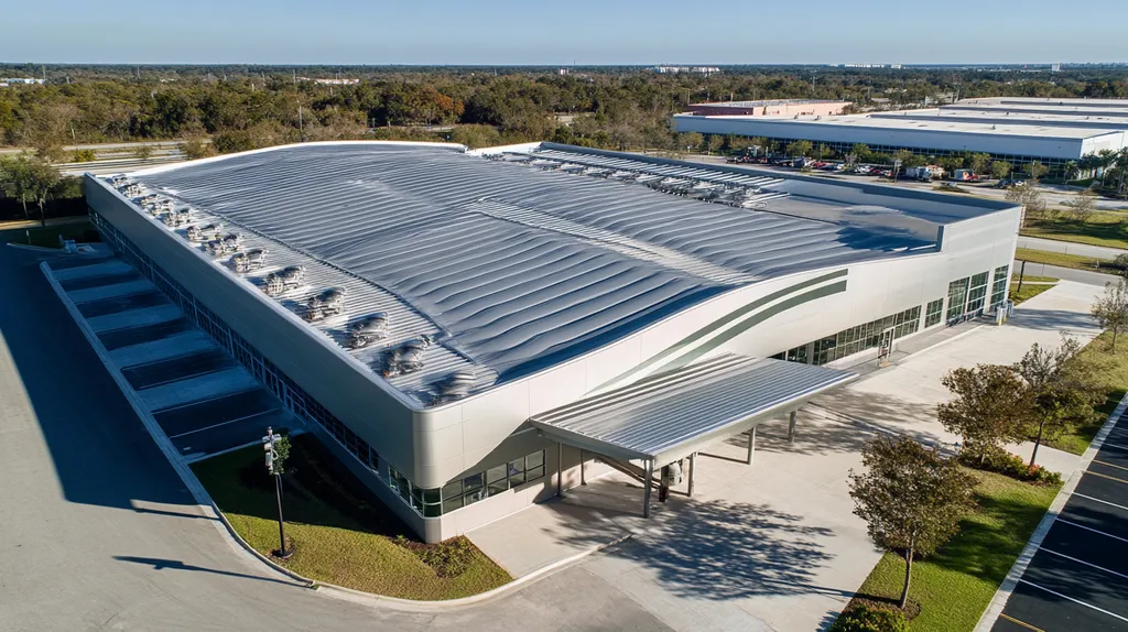 A commercial roof on a post office in a location similar to Tampa with a futuristic aesthetic (AI image)