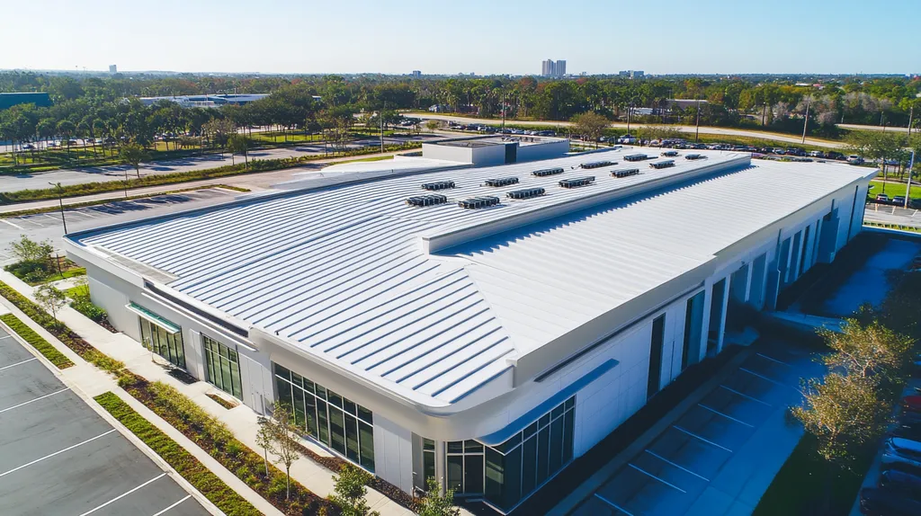 A commercial roof on a post office in a location similar to Tampa with a futuristic aesthetic (AI image)