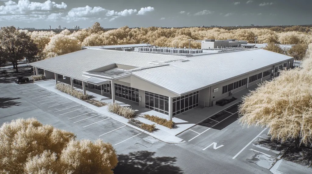 A commercial roof on a post office in a location similar to Tampa with an infrared photography aesthetic (AI image)