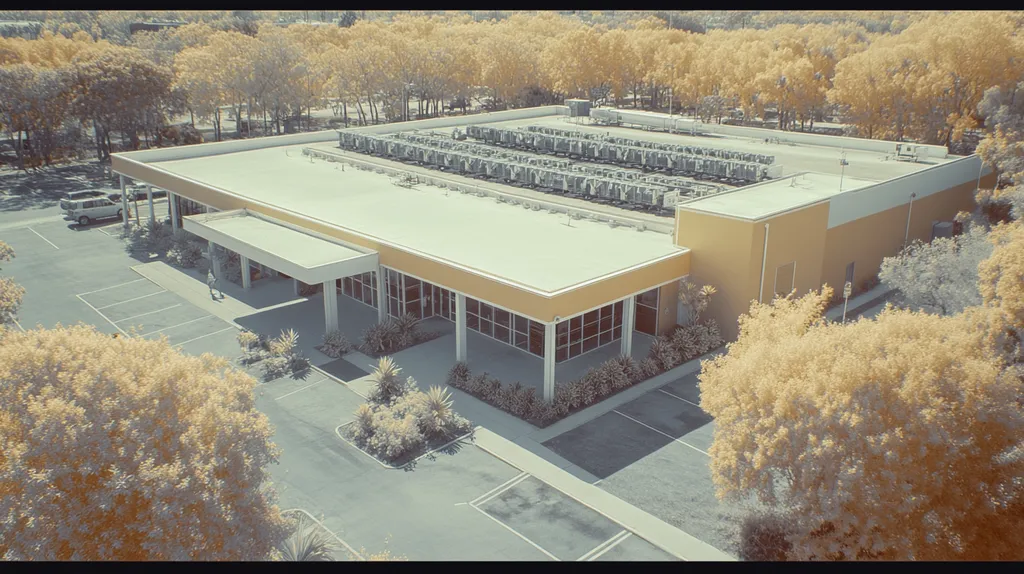 A commercial roof on a post office in a location similar to Tampa with an infrared photography style aesthetic (AI image)