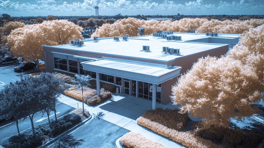 A commercial roof on a post office in a location similar to Tampa with an infrared photography aesthetic (AI image)