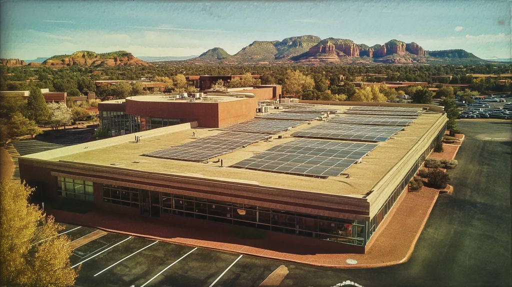 A commercial roof on a public library in a location similar to Sedona with a Polaroid aesthetic (AI image)