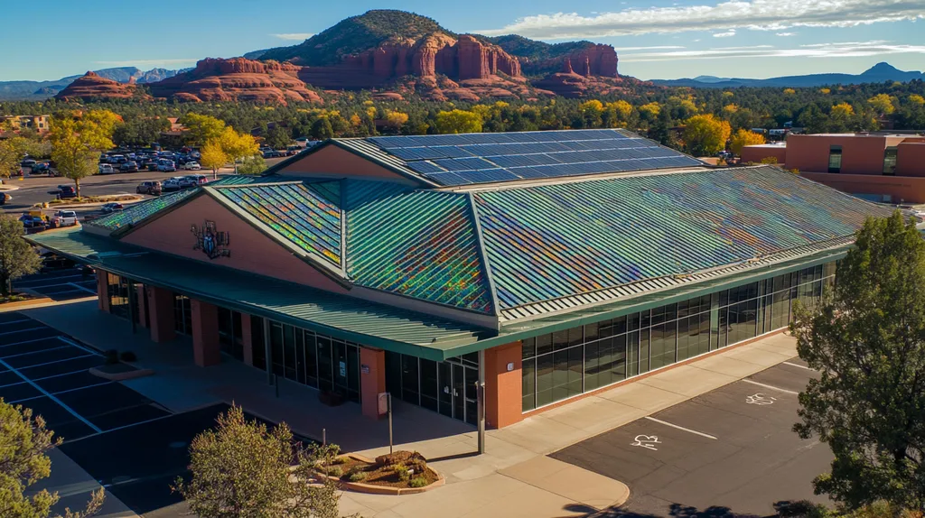 A commercial roof on a public library in a location similar to Sedona with a stained glass style aesthetic (AI image)