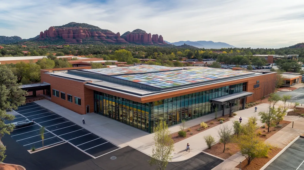 A commercial roof on a public library in a location similar to Sedona with a stained glass style aesthetic (AI image)