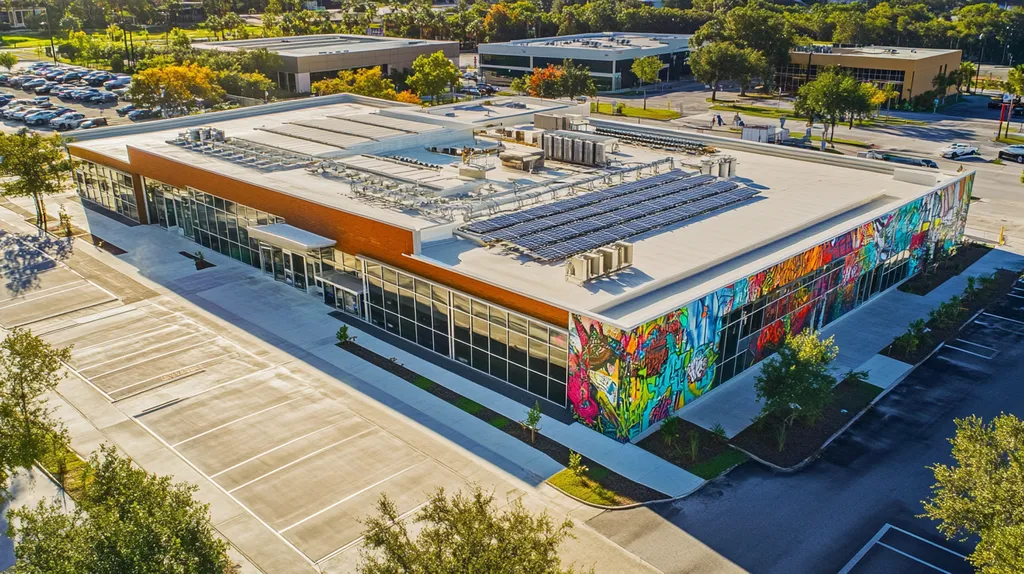 A commercial roof on a public library in a location similar to Tampa with a graffiti mural aesthetic (AI image)