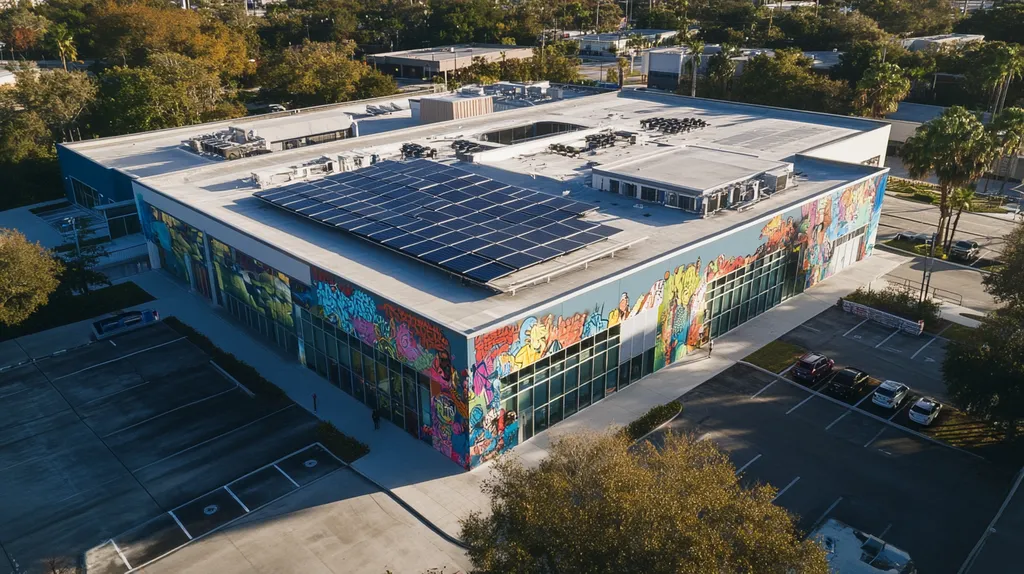A commercial roof on a public library in a location similar to Tampa with a graffiti mural aesthetic (AI image)
