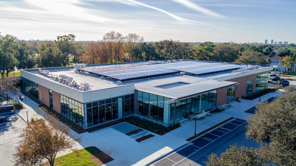 A commercial roof on a public library in a location similar to Tampa with a light beams aesthetic (AI image)
